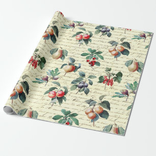 Papier Cadeau Élégant Botanique Vintage Fruit Script beige