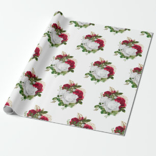 Papier Cadeau Elégant Bouquet de Roses Blanches Rouges