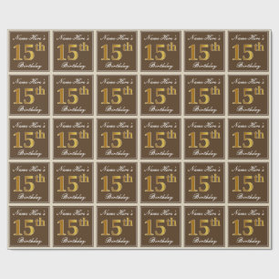 Papier Cadeau Elégant, Brown, Faux Gold 15ème anniversaire + Nom
