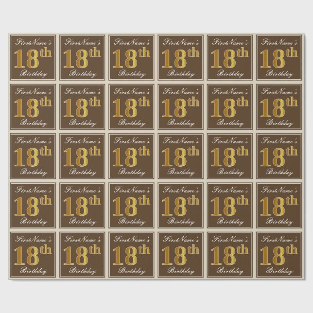 Papier Cadeau Elégant, Brown, Faux Gold 18ème anniversaire + Nom (Plat)