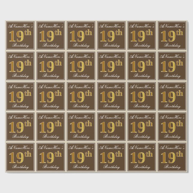 Papier Cadeau Elégant, Brown, Faux Gold 19ème anniversaire + Nom (Plat)