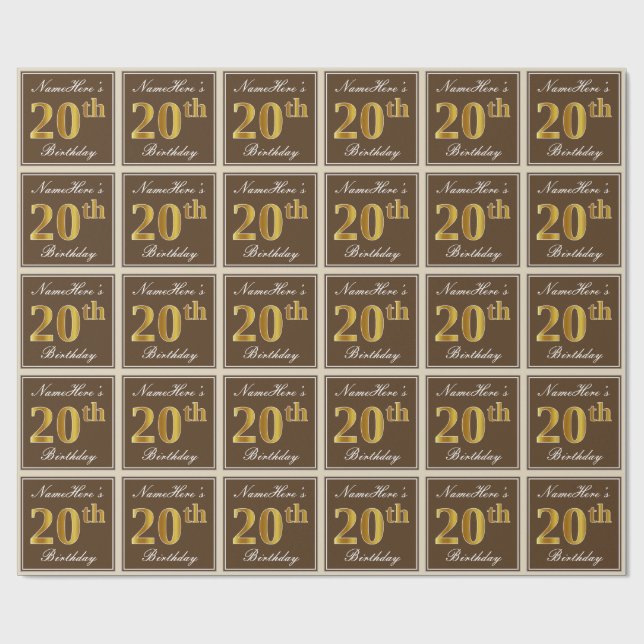 Papier Cadeau Elégant, Brown, Faux Gold 20e anniversaire + Nom (Plat)