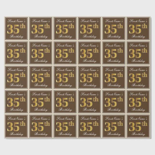 Papier Cadeau Elégant, Brown, Faux Gold 35ème anniversaire + Nom (Plat)