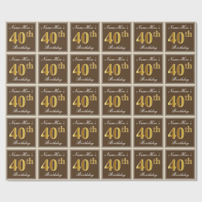 Papier Cadeau Elégant, Brown, Faux Gold 40e Anniversaire + Nom (Plat)