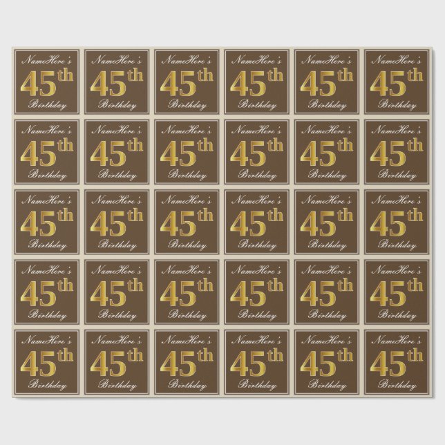 Papier Cadeau Elégant, Brown, Faux Gold 45ème anniversaire + Nom (Plat)