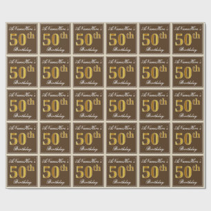Papier Cadeau Elégant, Brown, Faux Gold 50e anniversaire + Nom