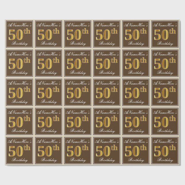 Papier Cadeau Elégant, Brown, Faux Gold 50e anniversaire + Nom (Plat)
