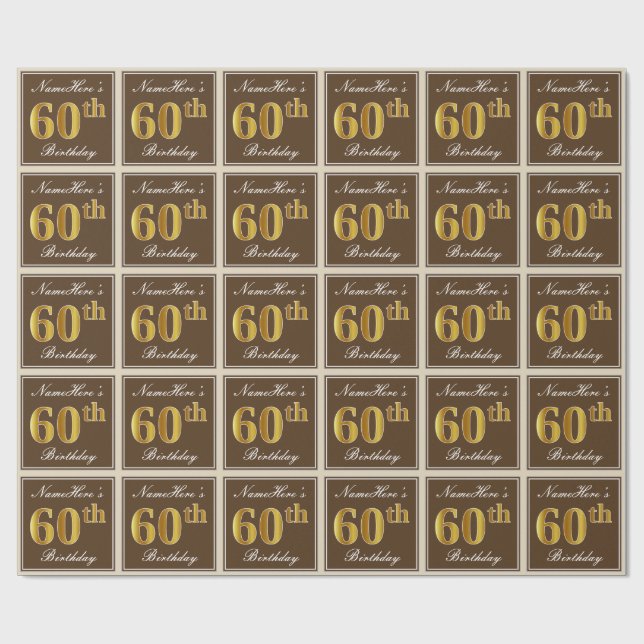 Papier Cadeau Elégant, Brown, Faux Gold 60e anniversaire + Nom (Plat)