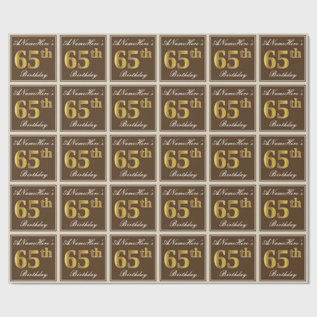 Papier Cadeau Elégant, Brown, Faux Gold 65ème anniversaire + Nom (Plat)