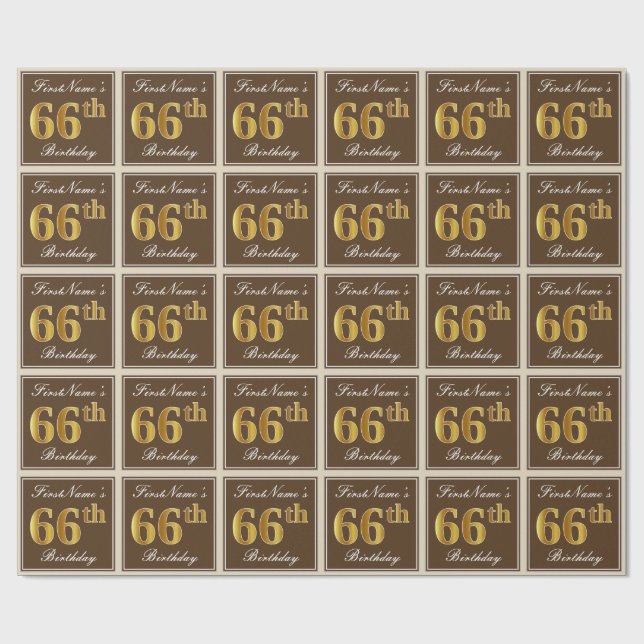 Papier Cadeau Elégant, Brown, Faux Gold 66ème anniversaire + Nom (Plat)
