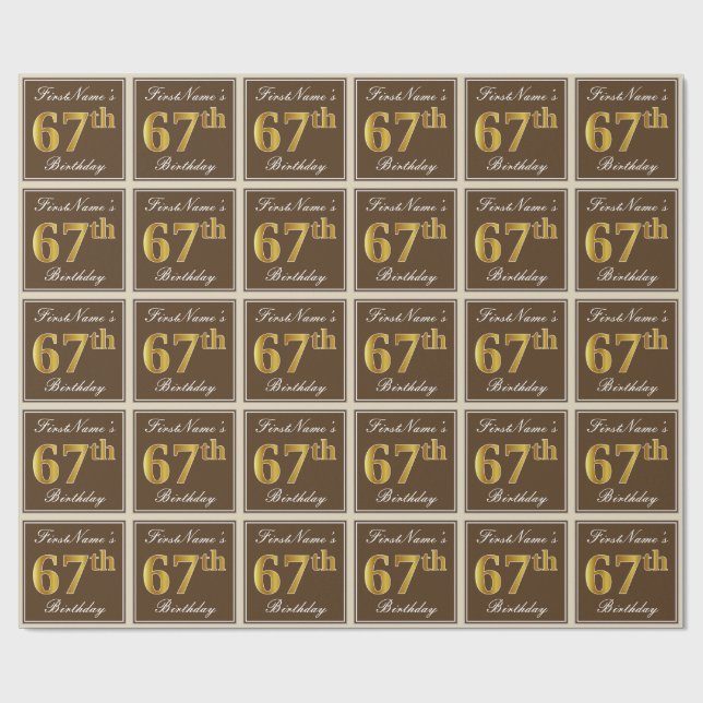 Papier Cadeau Elégant, Brown, Faux Gold 67ème anniversaire + Nom (Plat)