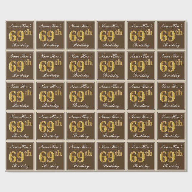 Papier Cadeau Elégant, Brown, Faux Gold 69e anniversaire + Nom (Plat)