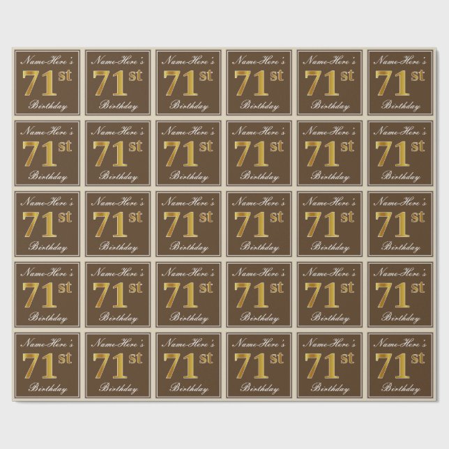 Papier Cadeau Elégant, Brown, Faux Gold 71ème anniversaire + Nom (Plat)