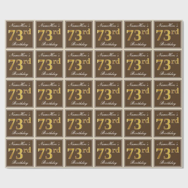 Papier Cadeau Elégant, Brown, Faux Gold 73ème anniversaire + Nom (Plat)
