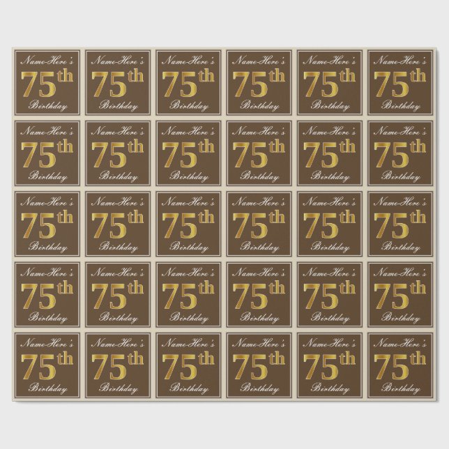 Papier Cadeau Elégant, Brown, Faux Gold 75ème anniversaire + Nom (Plat)