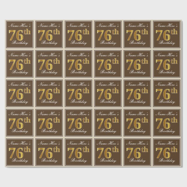 Papier Cadeau Elégant, Brown, Faux Gold 76ème anniversaire + Nom (Plat)