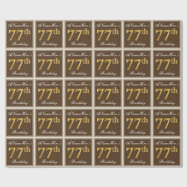 Papier Cadeau Elégant, Brown, Faux Gold 77ème anniversaire + Nom (Plat)