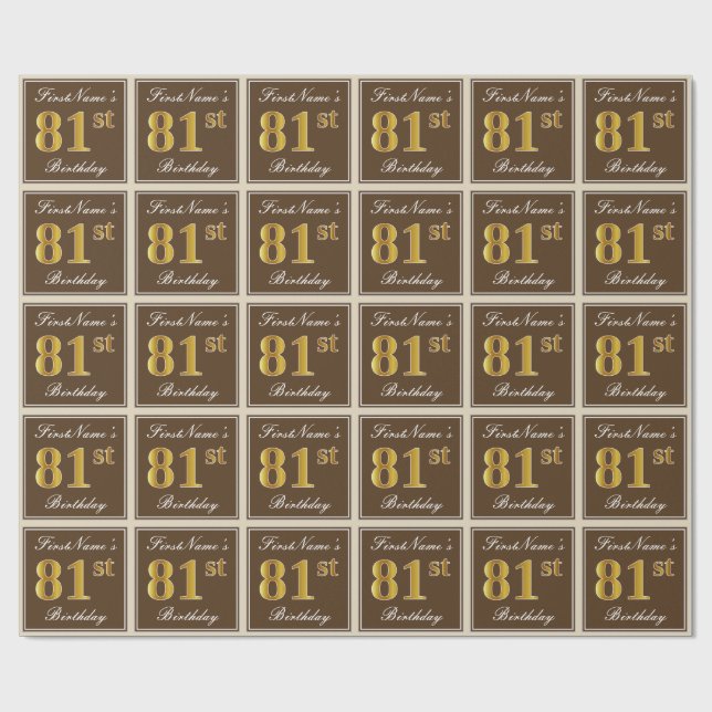 Papier Cadeau Elégant, Brown, Faux Gold 81ème Anniversaire + Nom (Plat)