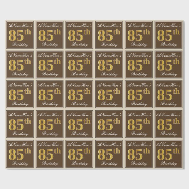 Papier Cadeau Elégant, Brown, Faux Gold 85ème anniversaire + Nom (Plat)