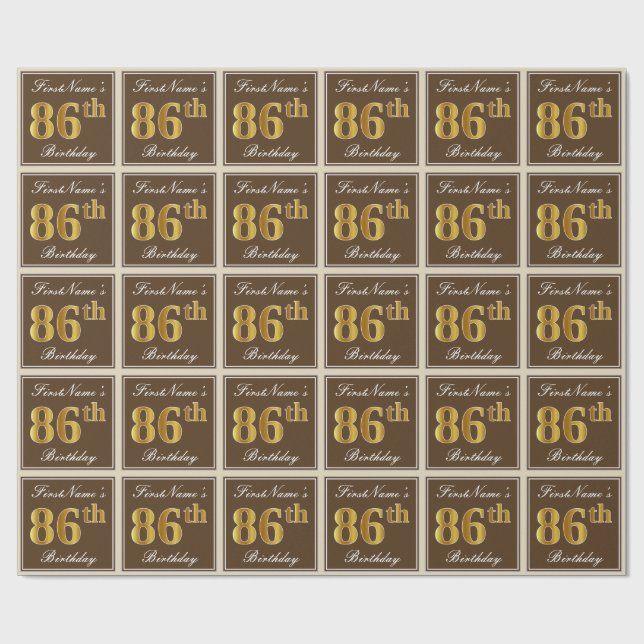 Papier Cadeau Elégant, Brown, Faux Gold 86ème anniversaire + Nom (Plat)