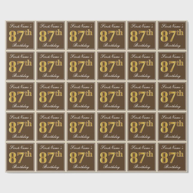 Papier Cadeau Elégant, Brown, Faux Gold 87ème anniversaire + Nom (Plat)