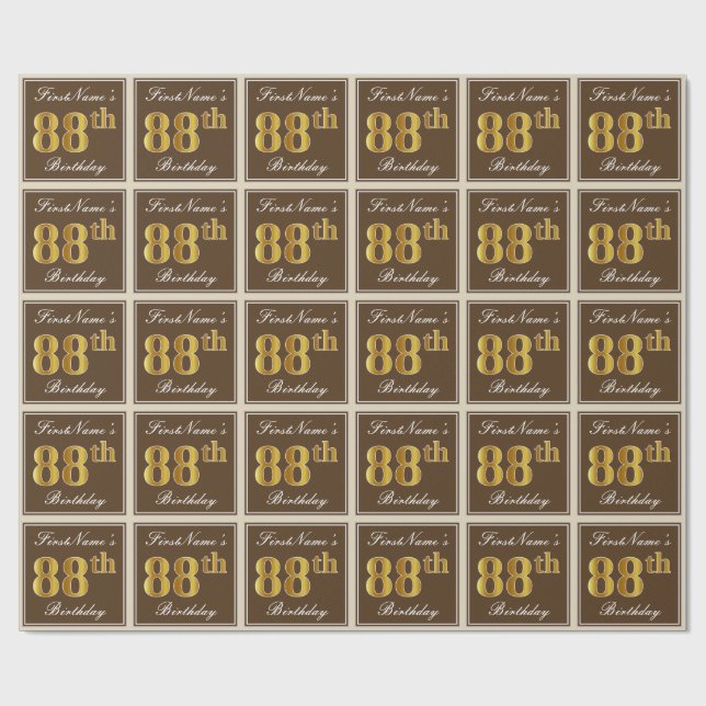 Papier Cadeau Elégant, Brown, Faux Gold 88ème anniversaire + Nom (Plat)