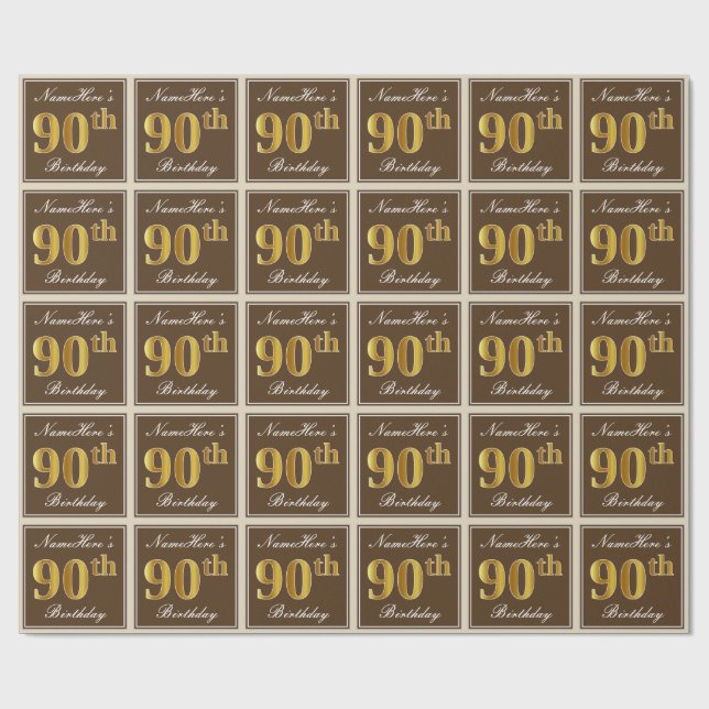 Papier Cadeau Elégant, Brown, Faux Gold 90e anniversaire + Nom (Plat)