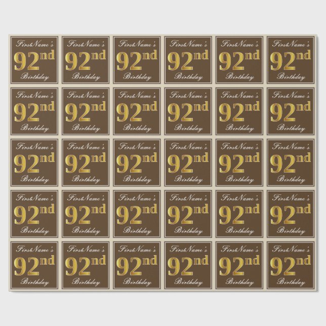 Papier Cadeau Elégant, Brown, Faux Gold 92ème anniversaire + Nom (Plat)