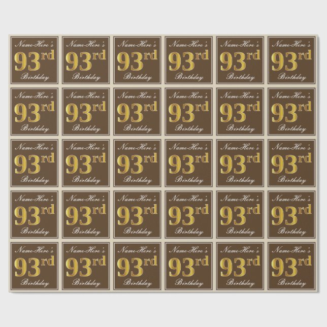 Papier Cadeau Elégant, Brown, Faux Gold 93ème anniversaire + Nom (Plat)