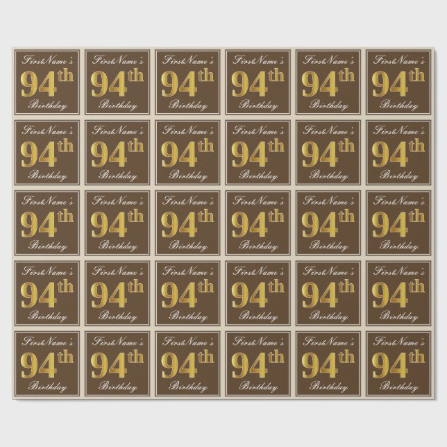 Papier Cadeau Elégant, Brown, Faux Gold 94ème anniversaire + Nom (Plat)