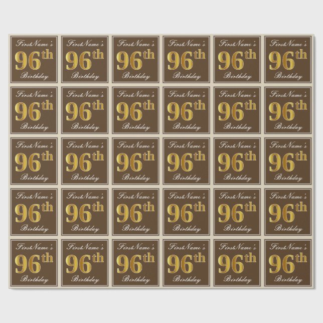 Papier Cadeau Elégant, Brown, Faux Gold 96ème anniversaire + Nom (Plat)