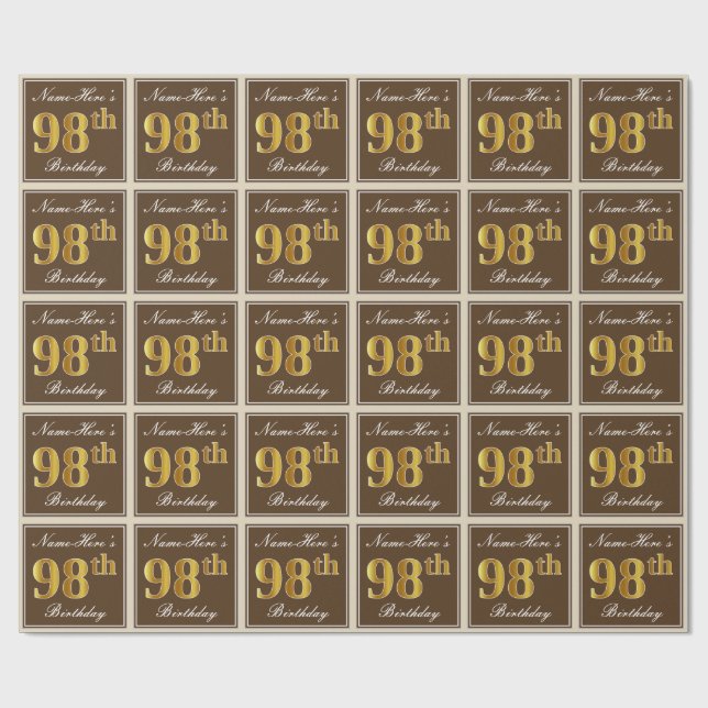 Papier Cadeau Elégant, Brown, Faux Gold 98ème anniversaire + Nom (Plat)