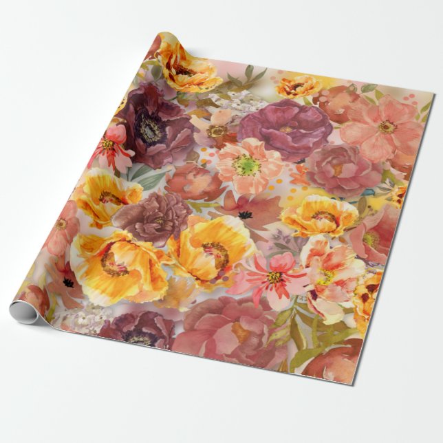Papier Cadeau Elégant Burnt Orange Rust Aquarelle Floral Wrapp (Déroulé)