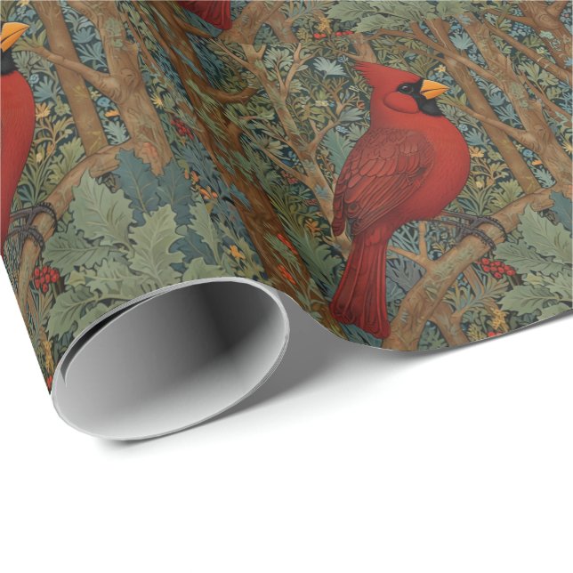 Papier Cadeau Elégant cardinal rétro Art Nouveau rouge oiseau (Coin rond)