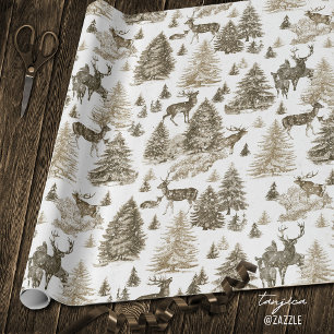 Papier Cadeau Élégant Cerf Beige Vintage dans un Bois enneigé