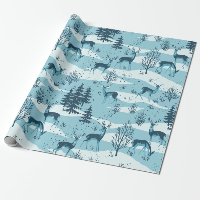 Papier Cadeau Elégant Cerf de Bois Bleu Rétro (Déroulé)