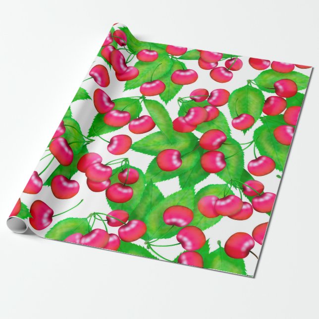 Papier Cadeau Elégant cerises rouges et Motif Feuille vert | (Déroulé)