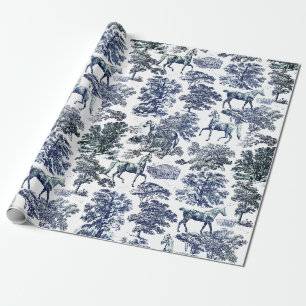 Papier Cadeau Elégant Cheval Blanc Bleu Vintage dans Bois Toile