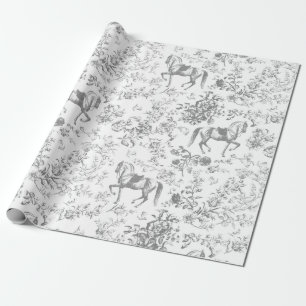 Papier Cadeau Élégant Cheval Blanc Gris Vintage Motif Floral