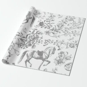 Papier Cadeau Élégant Cheval Blanc Gris Vintage Motif Floral