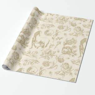 Papier Cadeau Élégant Cheval d'or Beige Vintage modèle floral
