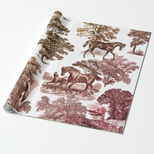 Papier Cadeau Élégant cheval rustique Toile rouge Brown (Déroulé)