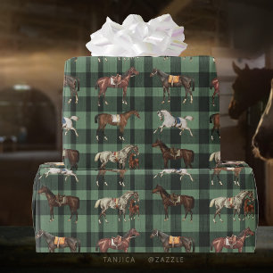 Papier Cadeau Élégant Chevaux Vintages à selle Vert Plaid
