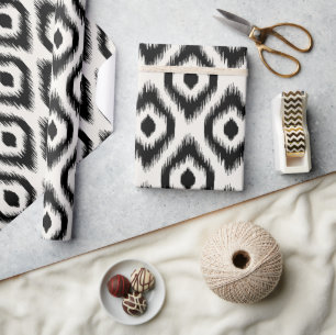 Papier Cadeau Élégant Chic Mod Black Ivoire Diamond Ikat Motif