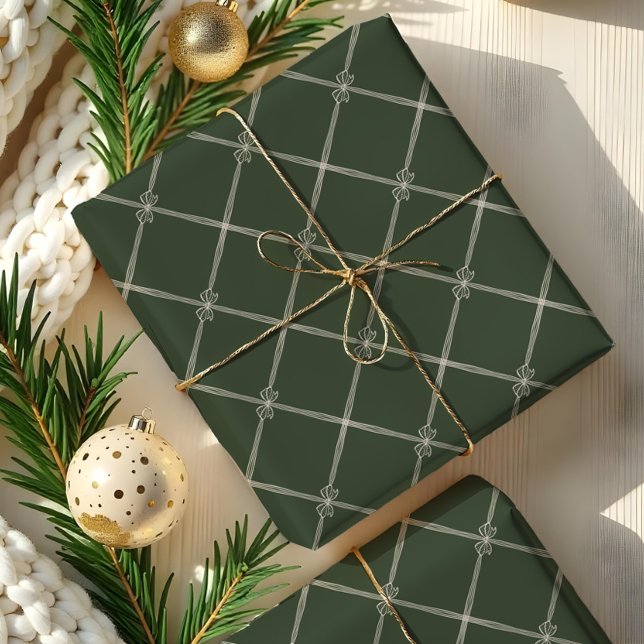 Papier Cadeau Élégant Chic Noël Bow & Ribbon Motif Green (Elegant Chic Christmas Bow & Ribbon Pattern Green Wrapping Paper)