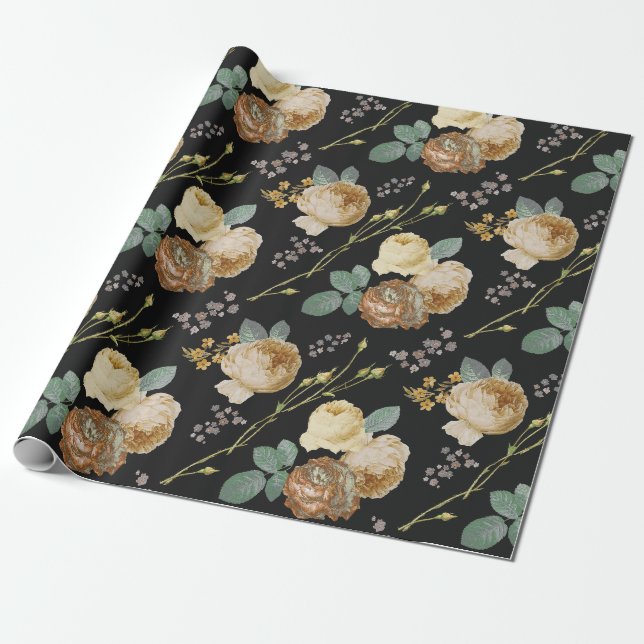 Papier Cadeau Élégant chic Rose de beige floral sur noir (Déroulé)