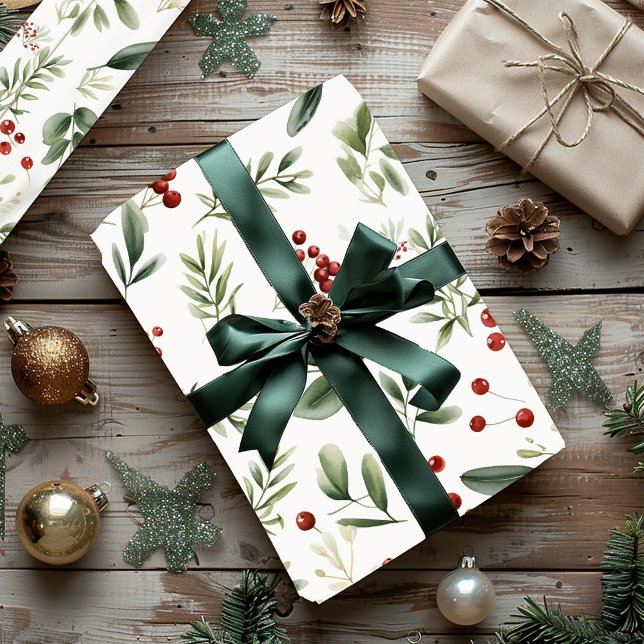 Papier Cadeau Elegant Christmas Greenery & Red Berries Holiday (Elegant Christmas Greenery & Red Berries Holiday Wrapping Paper)