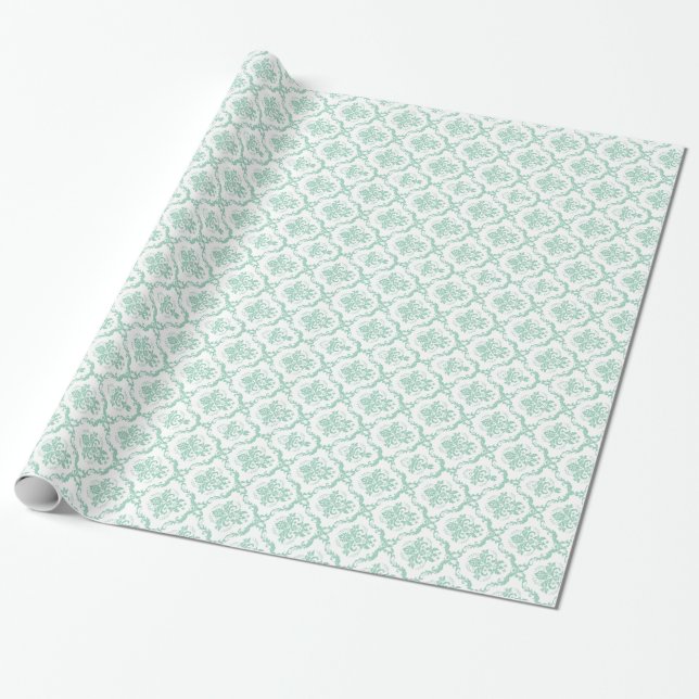 Papier Cadeau Élégant damas à la menthe verte et blanche (Déroulé)