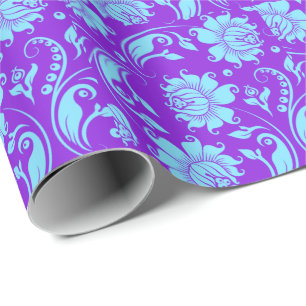 Papier Cadeau Élégant Damas Florales Bleues & Violettes