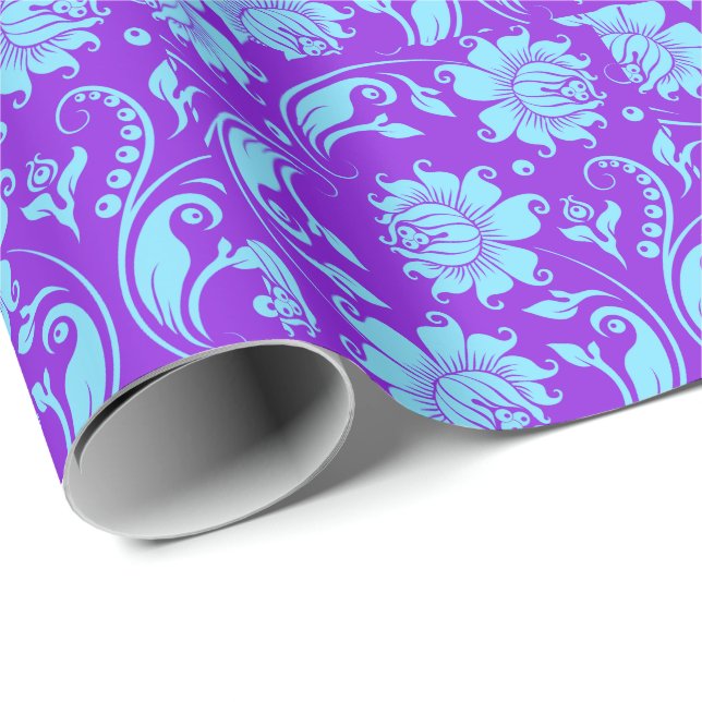 Papier Cadeau Élégant Damas Florales Bleues & Violettes (Coin rond)